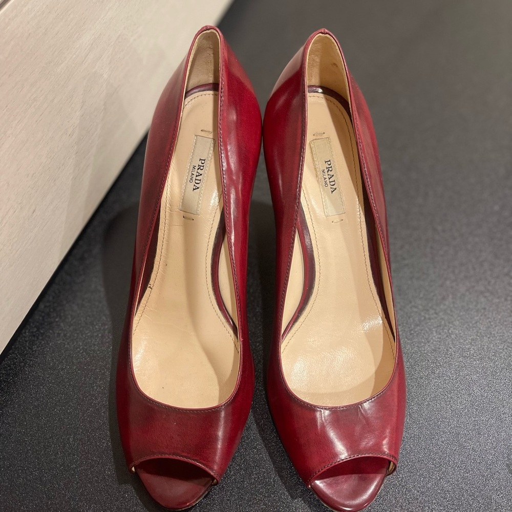Prada Red Patent Leather Peep-Toe Heels